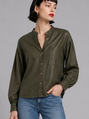 Rebecca Minkoff faux leather dark green button down w puff sleeve details- M